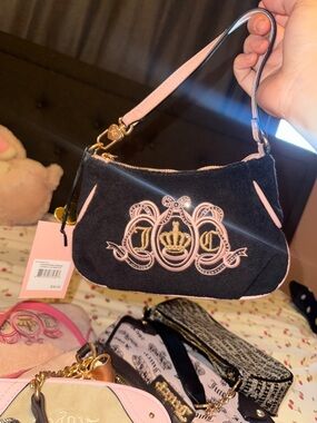 Juicy Couture Black Velvet Mini Wristlet with Pink Trim & Gold Crest
